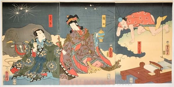 Kunisada III Toyokuni Woodblock Print Triptych Sun Moon Stars 1859 Antique (1 of 6)
