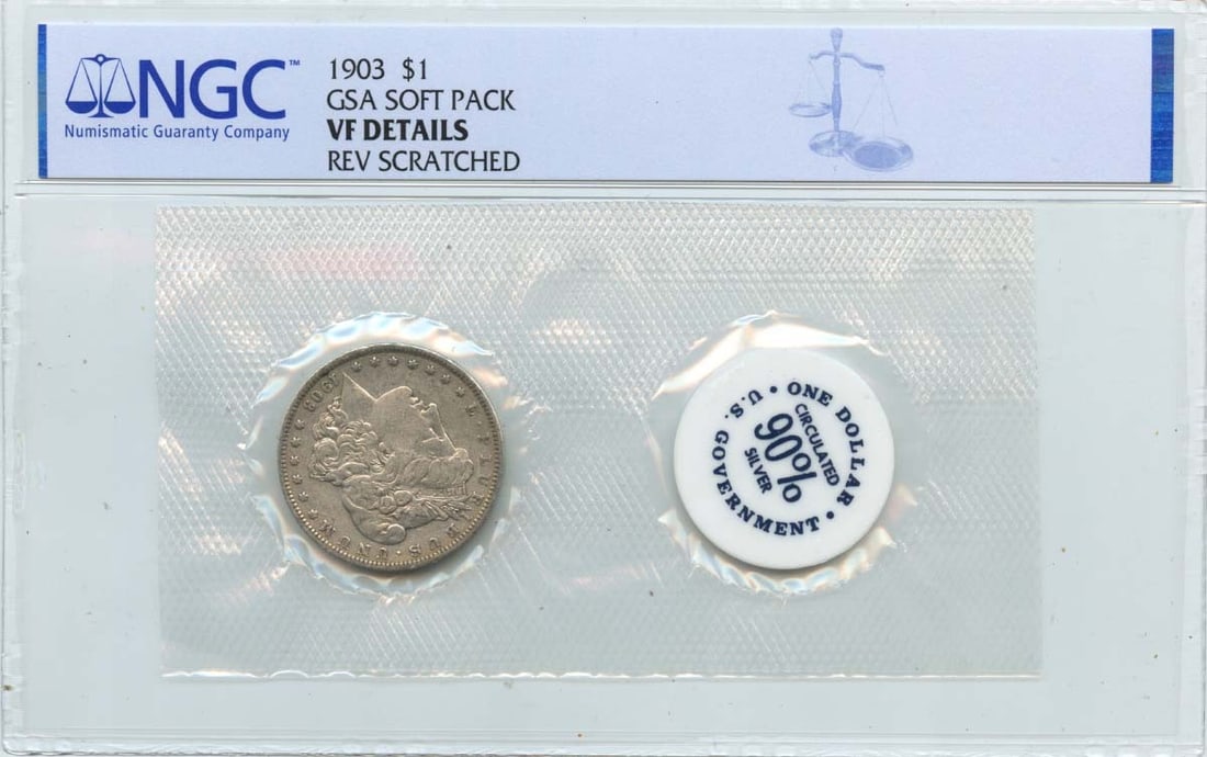 1903 Morgan Dollar GSA SOFT PACK S$1 NGC VF Details: 1903 Morgan Dollar GSA SOFT PACK S$1 NGC VF Details 1903 Morgan Dollar GSA Soft Pack S$1 NGC VF Details - A rare and highly detailed example of the iconic Morgan Dollar, certified by the Numismatic Gu