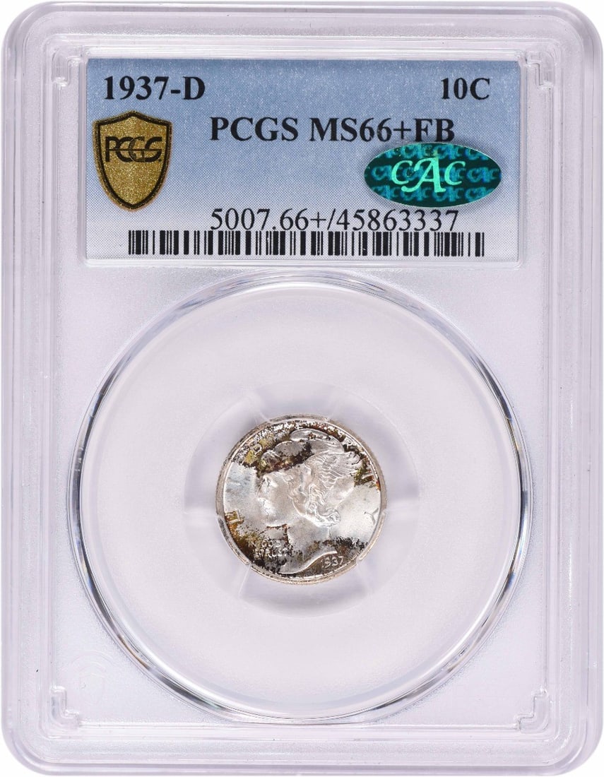 MS66+FB Mercury Dime CAC Silver 1937-D: MS66+FB Mercury Dime CAC Silver 1937-D The MS66+FB Mercury Dime CAC Silver 1937-D boasts exceptional condition, with its PCGS Circulated/Uncirculated certification verifying its high grade. This coin'
