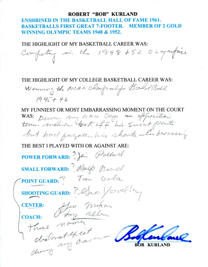 Bob Kurkland Autographed Hand Filled Out Survey Page (JSA): Bob Kurkland Autographed Hand Filled Out Survey Page (JSA) Signed by Bob Kurkland in black and blue Sharpie, this hand-filled out survey page bears the artist's personal touch. Accompanied by a COA fr