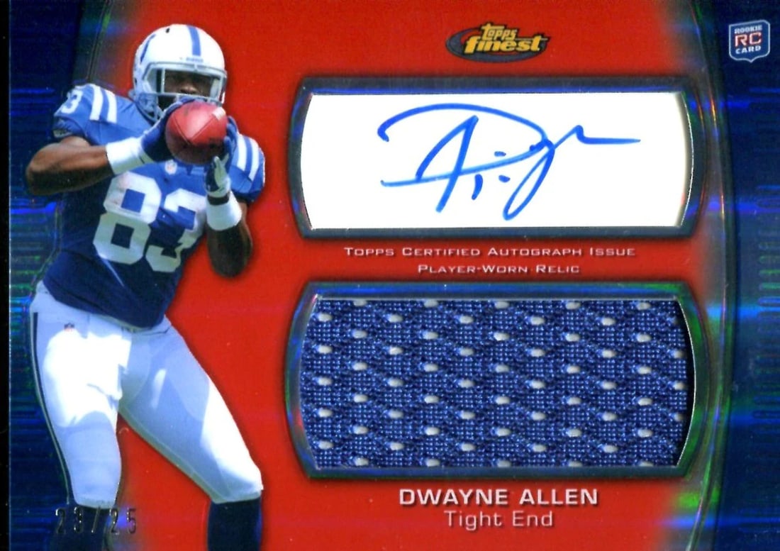 Dwayne Allen 2012 Topps Autographed Card/ Game Worn Jersey #23/ 25: Dwayne Allen 2012 Topps Autographed Card/ Game Worn Jersey #23/ 25 Dwayne Allen's game-worn jersey from the 2012 season features his autograph on one of only 25 cards, making it a unique and highly so