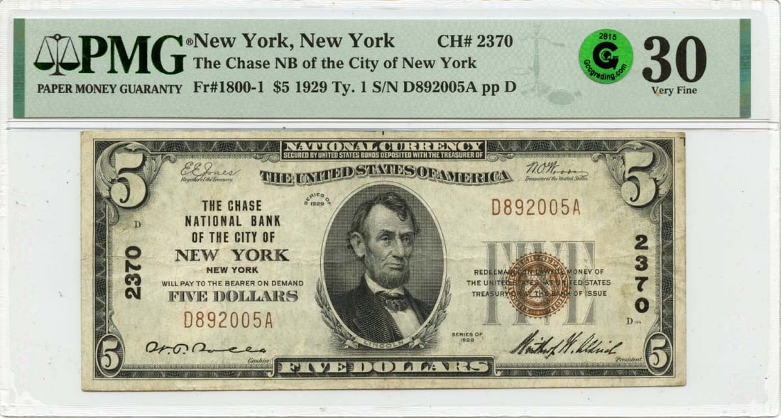 1929 Ty. 1 $5 Chase National Bank City of NY CH#2370 PMG VF30 GCC Green: 1929 Ty. 1 $5 Chase National Bank City of NY CH#2370 PMG VF30 GCC Green Item Specifics: Denomination: 1800-1 Year: NONE Grade: VF30 Certification: PMG Circulated/Uncirculated: Circulated Certification