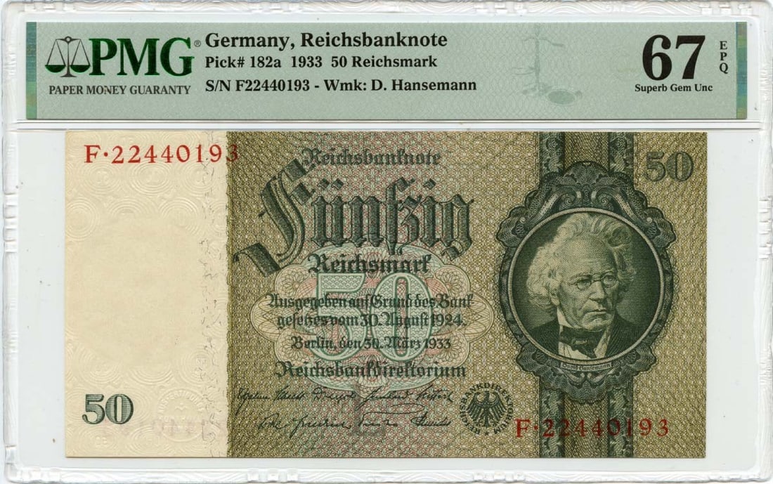 1933 50 Reichsmark Germany, Reichsbanknote Pick# 182a PMG Superb GEM 67 EPQ: 1933 50 Reichsmark Germany, Reichsbanknote Pick# 182a PMG Superb GEM 67 EPQ The 1933 50 Reichsmark Germany, Reichsbanknote Pick# 182a features a Superb GEM 67 EPQ certification from PMG, indicating it