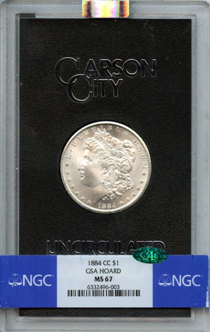 1884-CC Morgan Dollar GSA HOARD S$1 NGC MS67 (CAC): 1884-CC Morgan Dollar GSA HOARD S$1 NGC MS67 (CAC) 1884-CC Morgan Dollar GSA HOARD MS67, certified by the Numismatic Guaranty Corporation (NGC) with a CAC designation. This uncirculated coin features 