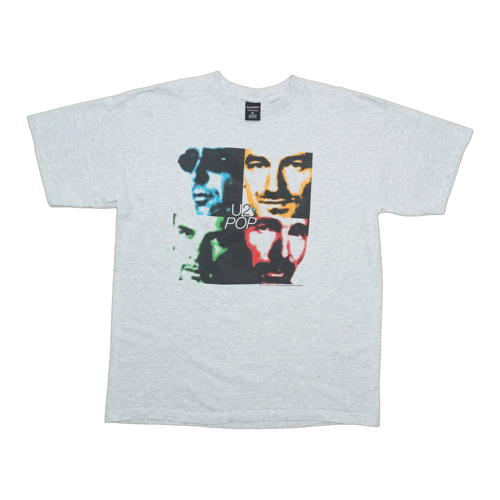U2 Pop Shirt of 1997: U2 Pop Shirt of 1997 Grey 1997 U2 Pop Shirt, featuring the iconic front graphic. Made from 100% cotton, this vintage shirt boasts a classic fit with a collar to hem of 29" and pit to pit measurements 