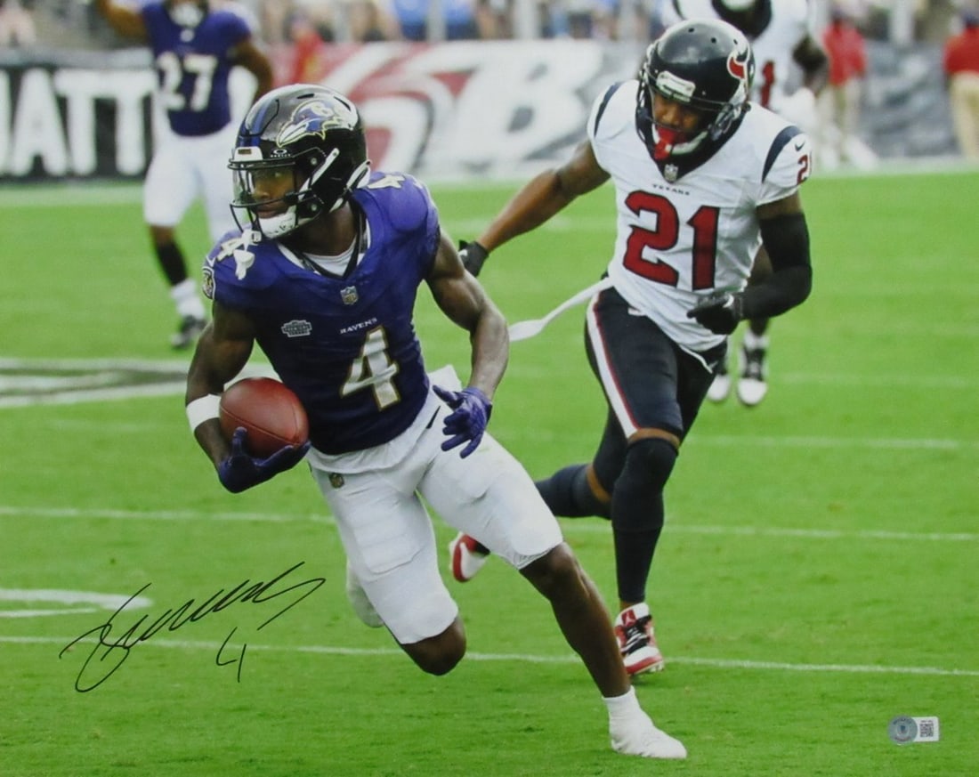 Baltimore Ravens 184977 Beckett Autographed Zay Flowers Photo 16x20: Baltimore Ravens 184977 Beckett Autographed Zay Flowers Photo 16x20 Zay Flowers' 16x20 photo, signed by Jim Grabowski, features the talented Baltimore Ravens wide receiver. This unique piece bears a B