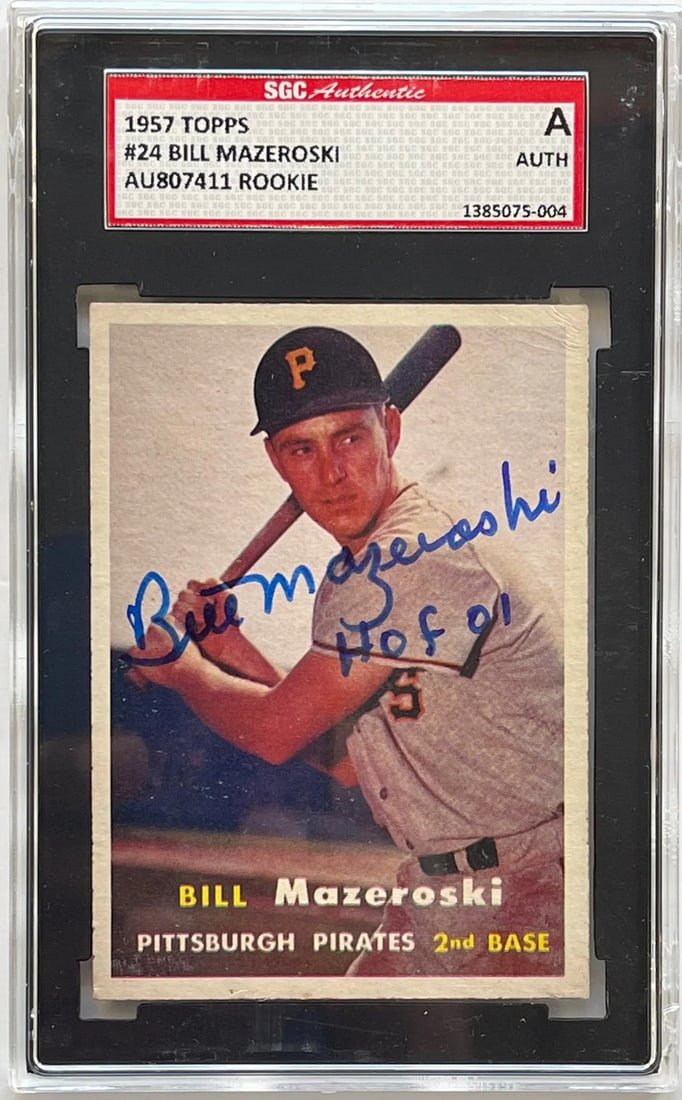 Bill Mazeroski Autographed 1957 Topps Rookie Card #24 (SGC): Bill Mazeroski Autographed 1957 Topps Rookie Card #24 (SGC) Signed in blue sharpie with inscription "HOF 01" by Bill Mazeroski, this 1957 Topps Rookie Card #24 features a notable autograph from the le