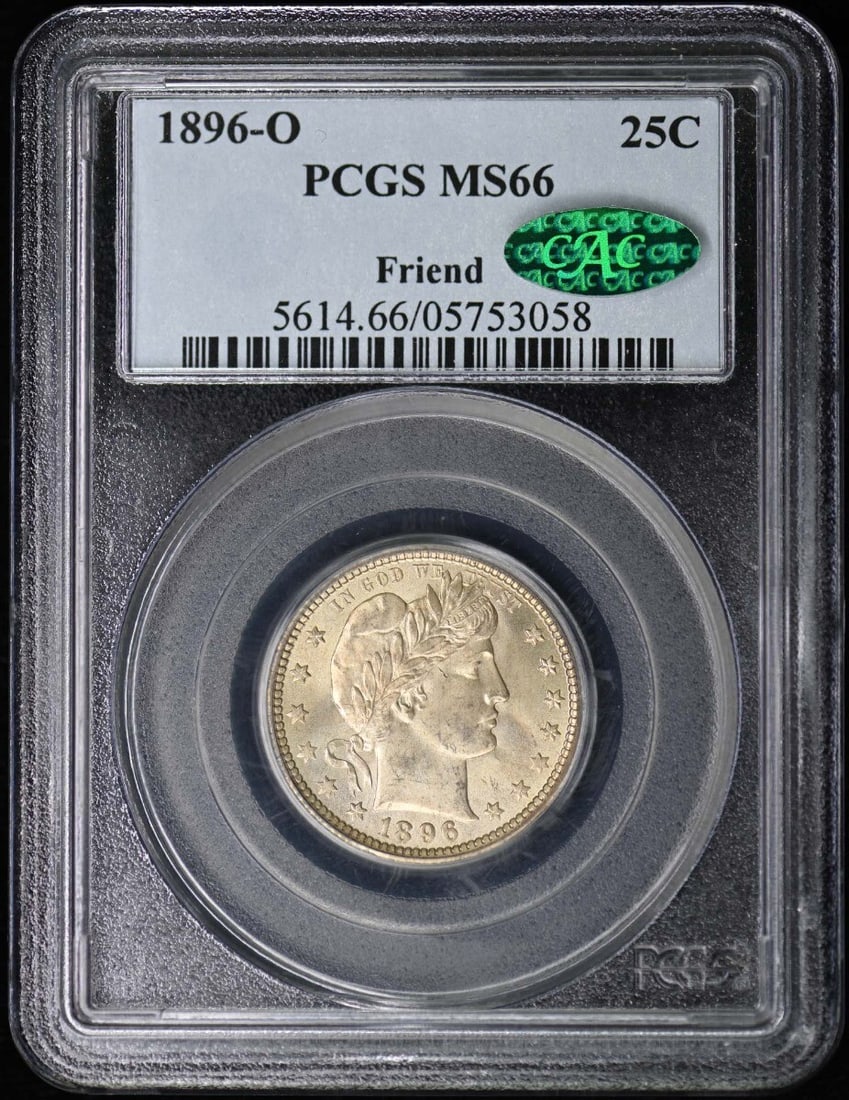 PCGS MS66 Barber Quarter 25C 1896 O: PCGS MS66 Barber Quarter 25C 1896 O PCGS MS66 Barber Quarter 25C 1896 O features an uncirculated mint state condition, showcasing exceptional detail and luster. Certified by the Professional Coin Grad