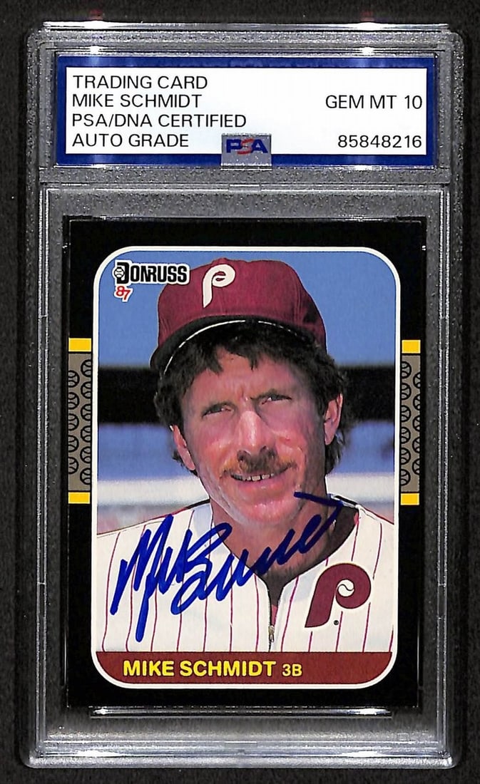 Mike Schmidt 1987 Donruss Card #139 Phillies HOF Signed PSA/ DNA Auto GEM 10 8808: Mike Schmidt 1987 Donruss Card #139 Phillies HOF Signed PSA/ DNA Auto GEM 10 8808 Signed by Mike Schmidt in 1987, this Donruss card features an auto graphic and is graded GEM 10 by PSA/DNA. The card i
