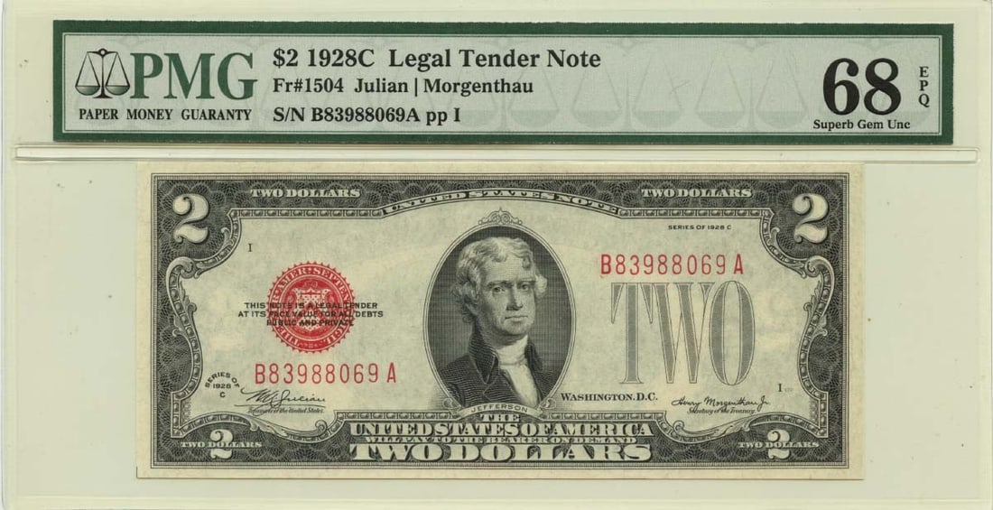1928C $2 Legal Tender Red Fr# 1504 PMG Gem 68 EPQ: 1928C $2 Legal Tender Red Fr# 1504 PMG Gem 68 EPQ The 1928C $2 Legal Tender Red features a stunning Gem 68 EPQ grade, showcasing exceptional condition and preservation. This PMG-certified note bears t