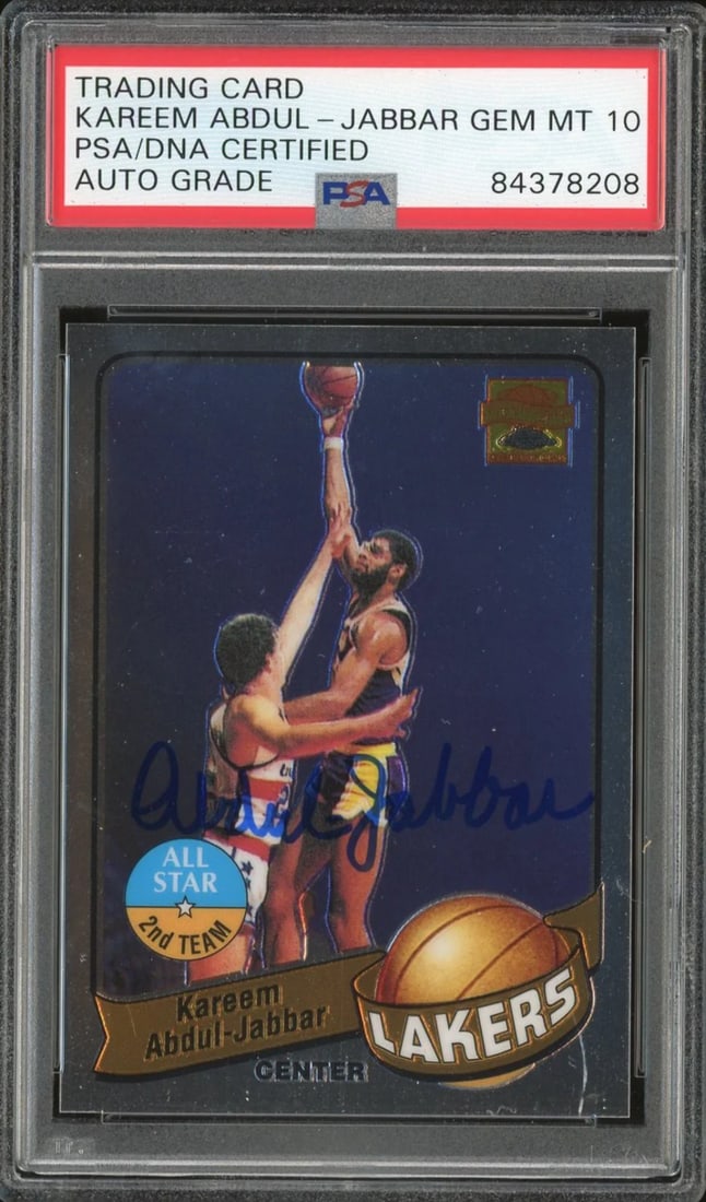 Abdul-Jabbar Autographed Kareem 2002 Topps Chrome Card (PSA): Abdul-Jabbar Autographed Kareem 2002 Topps Chrome Card (PSA) Signed in blue sharpie across the front, this 2002 Topps Chrome Card features an autograph from NBA legend Kareem Abdul-Jabbar. Authenticat