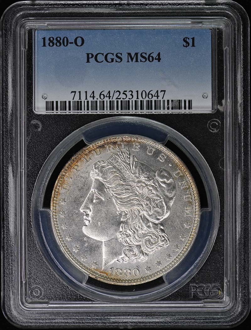1880-O $1 Morgan Dollar PCGS MS64: 1880-O $1 Morgan Dollar PCGS MS64 The 1880-O $1 Morgan Dollar, graded MS64 by PCGS, boasts exceptional condition with minimal wear. Certified as uncirculated, this rare coin showcases its original lus