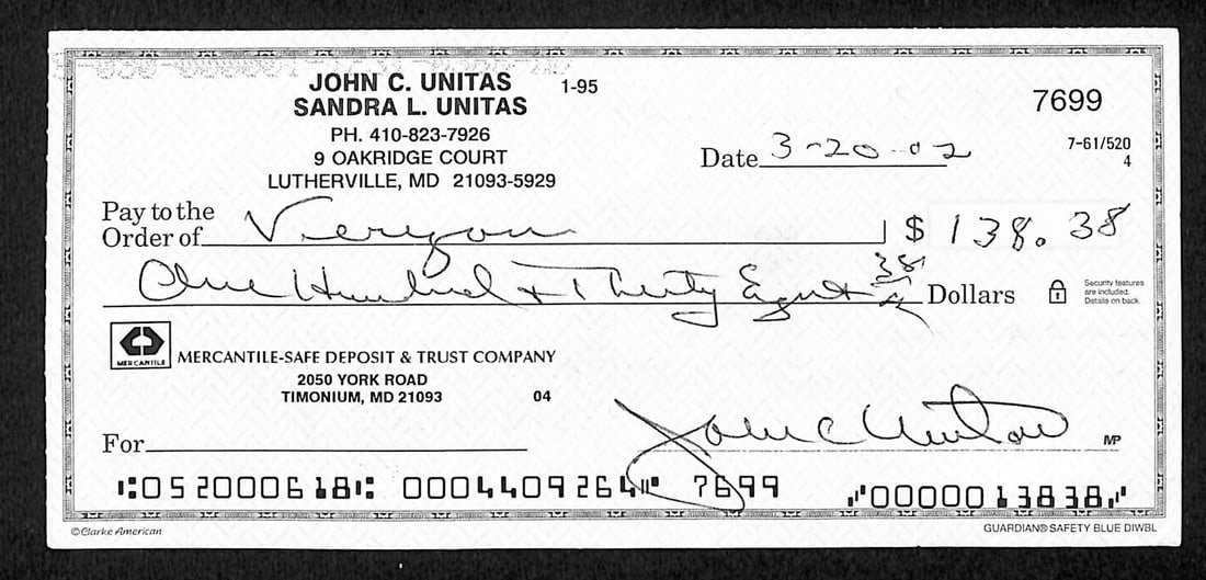 Johnny Unitas HOF Signed/ Autographed 2002 Bank Check Baltimore Colts JSA 199043 (1 of 2)