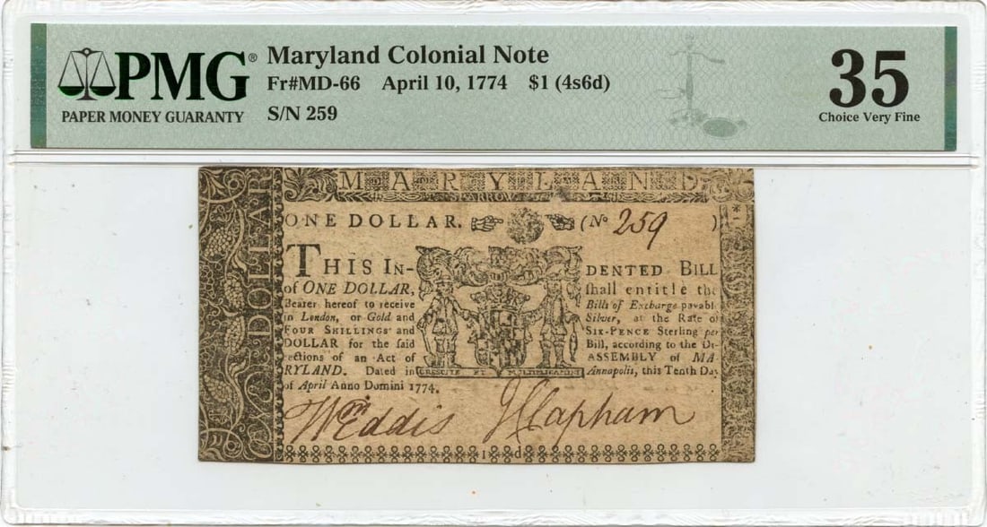 1774 April 10, $1 Maryland Colonial Note FR#MD-66 PMG VF35 Choice: 1774 April 10, $1 Maryland Colonial Note FR#MD-66 PMG VF35 Choice This 1774 April 10, $1 Maryland Colonial Note features a unique design and bears the signature of its creator. Certified by PMG as VF3
