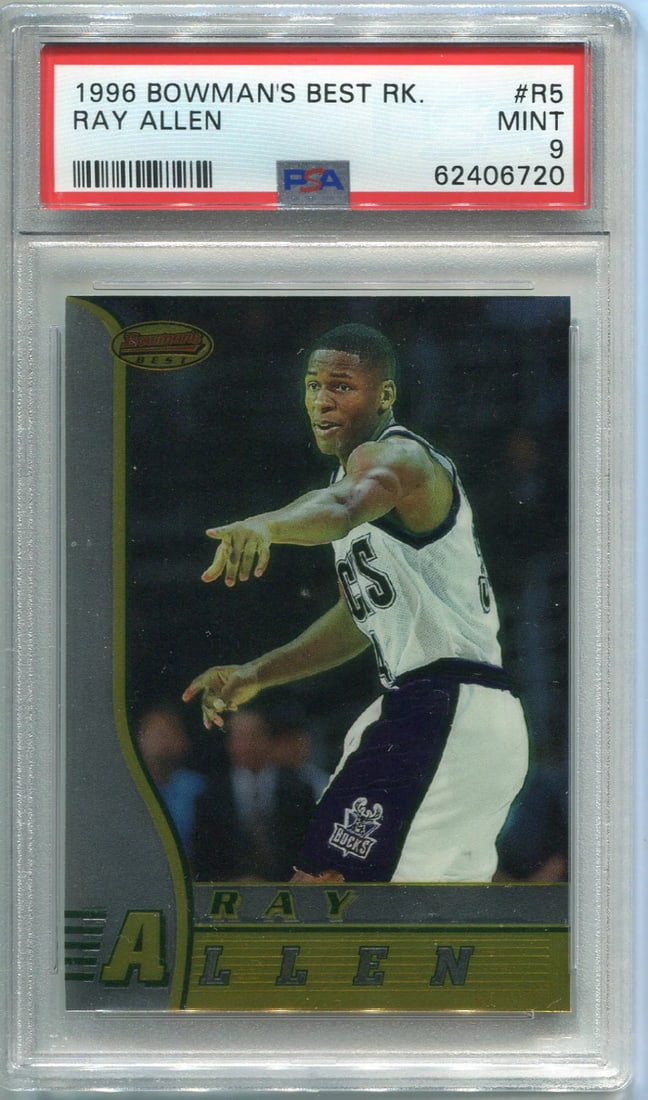 Ray Allen 1996 Bowman's Best Rookie Card (PSA Mint 9): Ray Allen 1996 Bowman's Best Rookie Card (PSA Mint 9) PSA Mint 9 condition ensures this highly sought-after rookie card from Ray Allen's 1996 Bowman's Best set remains in pristine condition. The card 