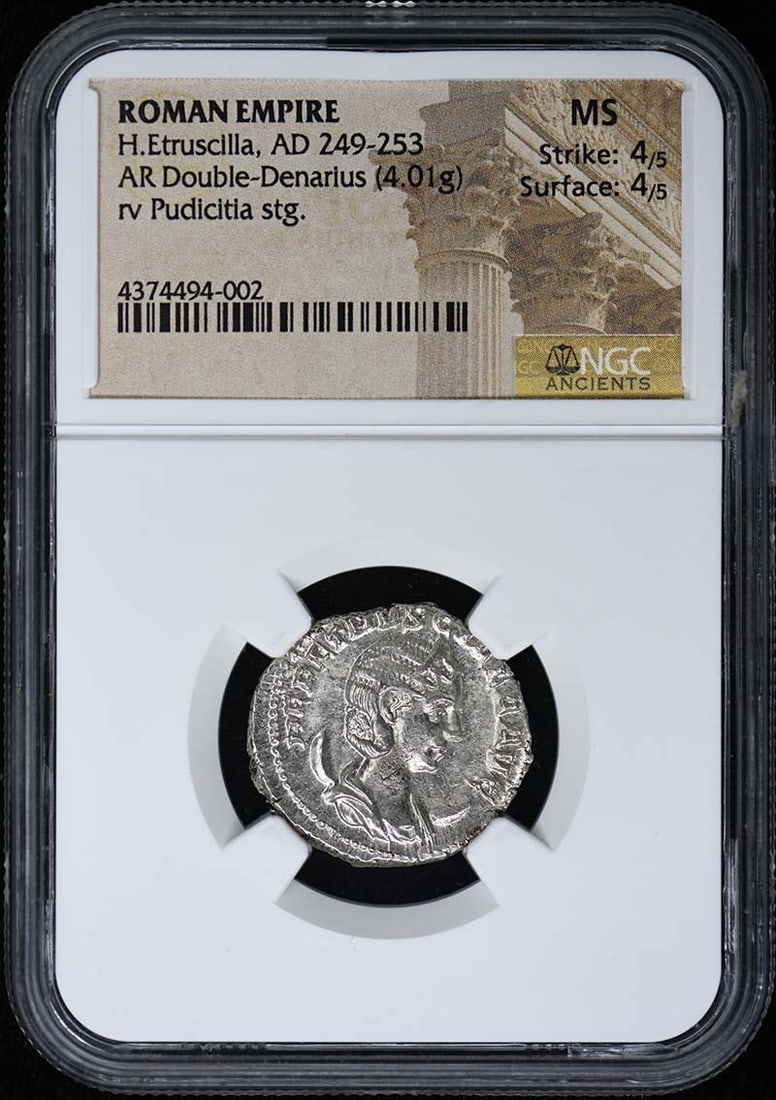 H.Etruscilla, AD 249-253 ROMAN EMPIRE AR Double-Denarius NGC MS 4/ 4: H.Etruscilla, AD 249-253 ROMAN EMPIRE AR Double-Denarius NGC MS 4/ 4 NGC MS 4/4 H.Etruscilla, AD 249-253 Roman Empire AR Double-Denarius features a well-preserved ancient coin with stunning details an