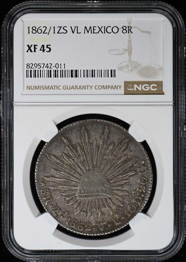 1862/ 1ZS VL Zacatecas MEXICO Silver 8R Reales NGC XF45: 1862/ 1ZS VL Zacatecas MEXICO Silver 8R Reales NGC XF45 The 1862/1ZS VL Zacatecas MEXICO Silver 8R Reales NGC XF45 is a circulated example from the Zacatecas Mint, featuring a unique 1ZS (one Zeta and