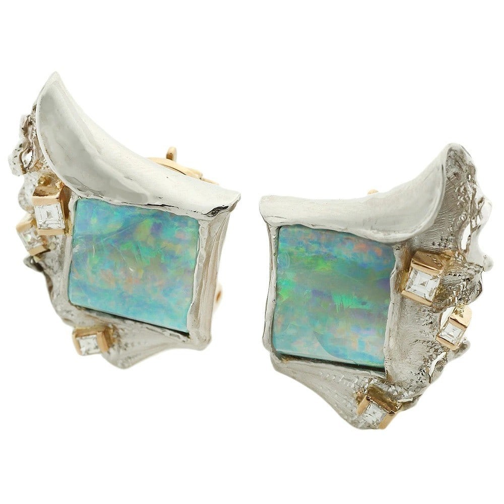 Nobuko Ishikawa Natural Boulder Opal Diamond Platinum 900 18k Gold Stud Earrings: Nobuko Ishikawa Natural Boulder Opal Diamond Platinum 900 18k Gold Stud Earrings Item Specifics: Shape: Asymmetrical Closure: Clip-On Occasion: Anniversary Birthday Christening Christmas Engagement Gr