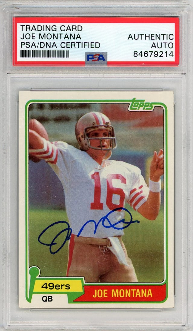 Joe Montana Autographed 1981 Topps Card (PSA): Joe Montana Autographed 1981 Topps Card (PSA) Signed by Joe Montana in blue sharpie across the front, this 1981 Topps card showcases a unique piece of sports memorabilia. The card has been authenticat