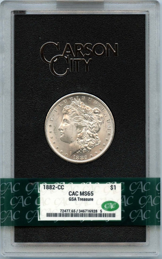 1882-CC Morgan Dollar GSA HOARD S$1 CACG MS65(CAC): 1882-CC Morgan Dollar GSA HOARD S$1 CACG MS65(CAC) The 1882-CC Morgan Dollar, certified by CACG as MS65, boasts an impressive grade with its high level of detail and luster. This uncirculated coin bea