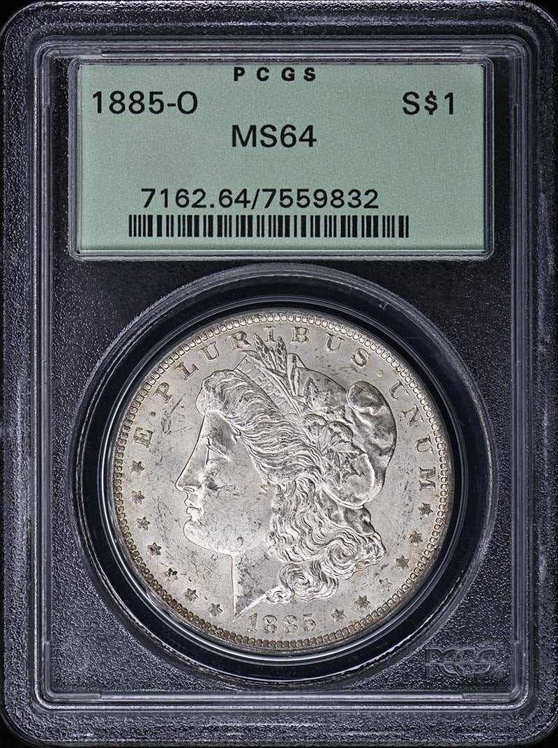 1885-O $1 Morgan Dollar PCGS MS64 OGH: 1885-O $1 Morgan Dollar PCGS MS64 OGH The 1885-O $1 Morgan Dollar, graded MS64 by PCGS, boasts exceptional condition with no visible signs of wear. This uncirculated coin features the iconic design of