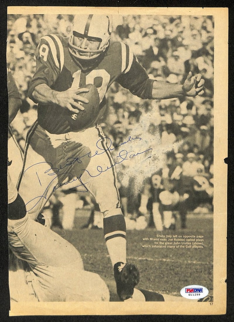 Johnny Unitas HOF Signed/ Inscr Vintage 8x10 Magazine Photo Colts PSA/ DNA 198848: Johnny Unitas HOF Signed/ Inscr Vintage 8x10 Magazine Photo Colts PSA/ DNA 198848 Johnny Unitas, the legendary quarterback and Hall of Famer, is captured in this vintage 8x10 magazine photo. Signed by