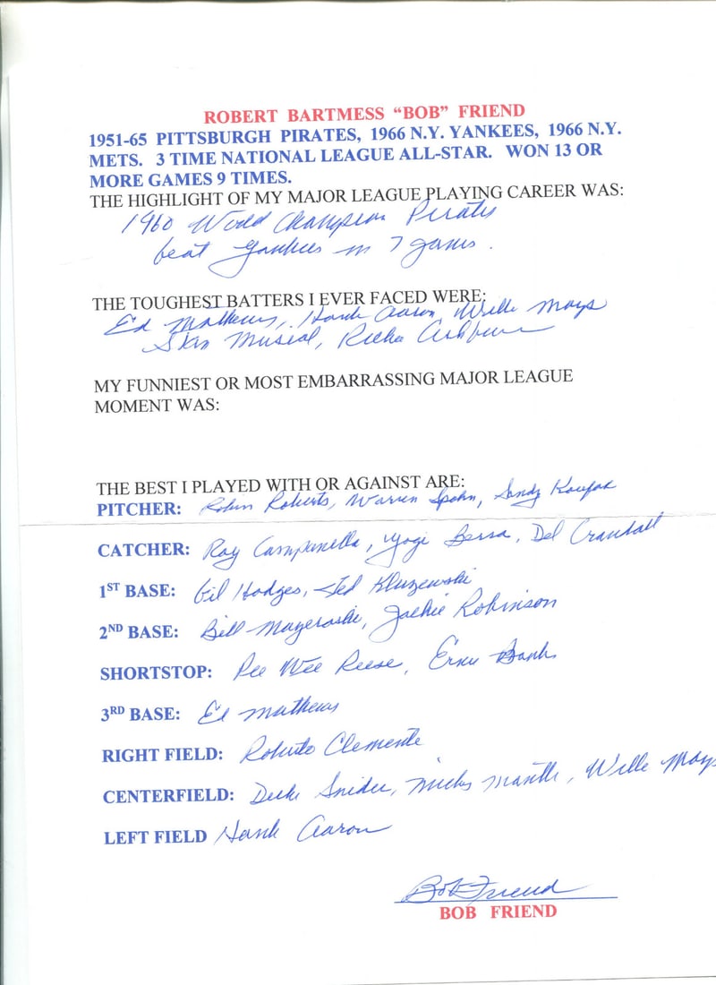 Bob Friend Autographed Hand Filled Out Survey Page: Bob Friend Autographed Hand Filled Out Survey Page Item Specifics: Signed and filled out inblue pen across the front of the page. Product Disclaimer: All collectibles are sold as-is; any grading given