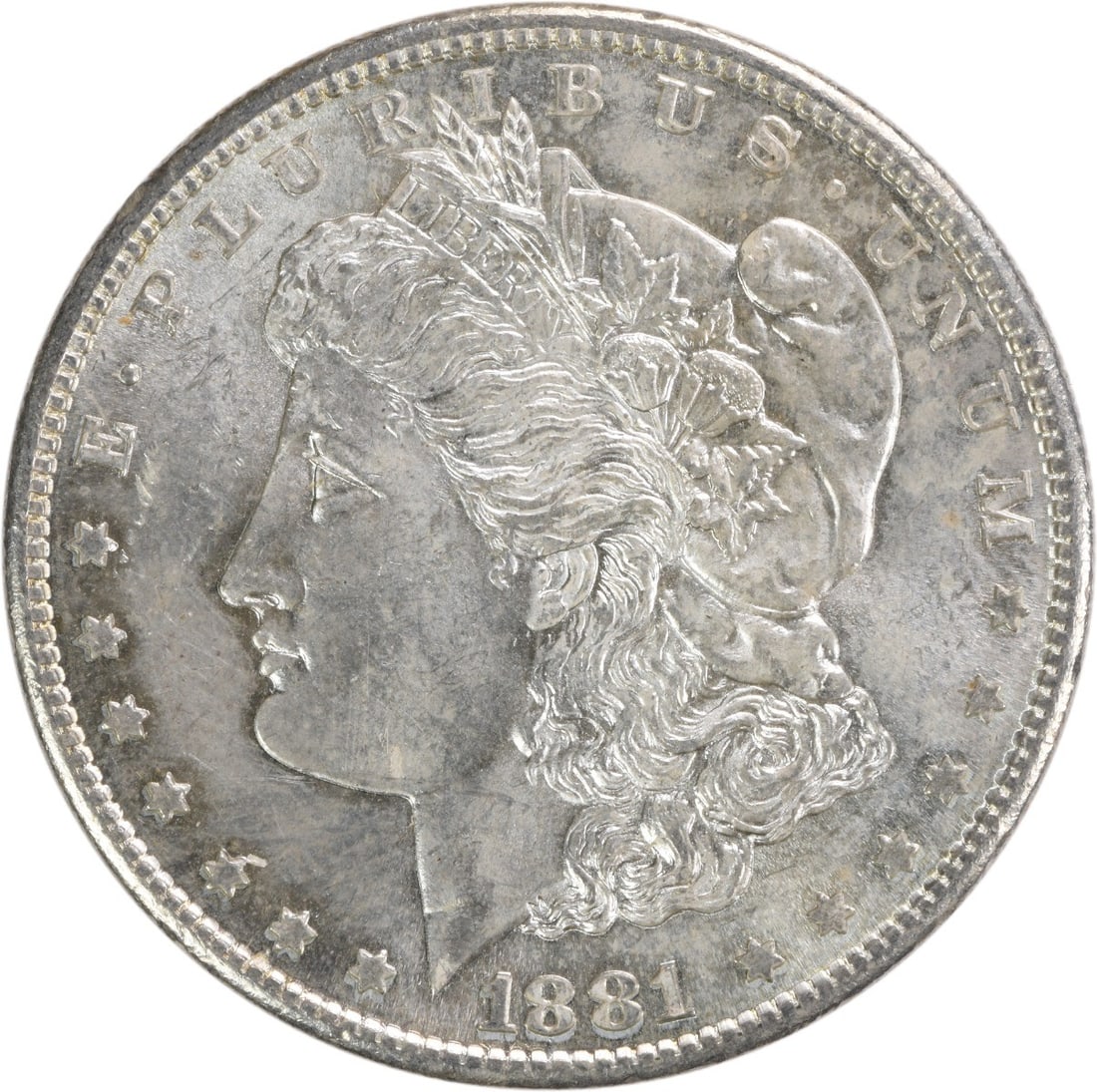 1881-S Morgan Silver Dollar Choice BU Uncertified: 1881-S Morgan Silver Dollar Choice BU Uncertified This 1881-S Morgan Silver Dollar is an Uncirculated Choice BU coin, certified by the US Mint as having been minted in San Francisco. Its silver compos