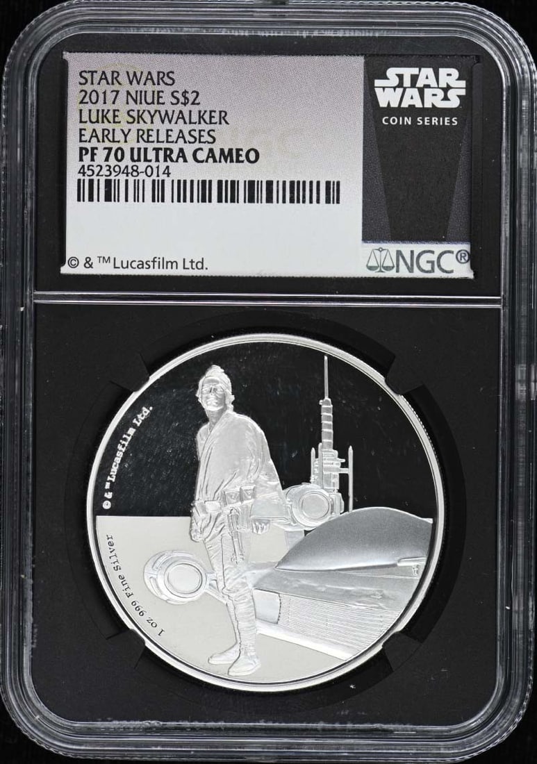 SKYWALKER LUKE EARLY RELEASES 2017 NGC S$2 PR70DCAM NIUE: SKYWALKER LUKE EARLY RELEASES 2017 NGC S$2 PR70DCAM NIUE NGC PR70DCAM graded coins are considered to be among the highest standards of quality. The Skywalker Luke coin, released in 2017 and certified 
