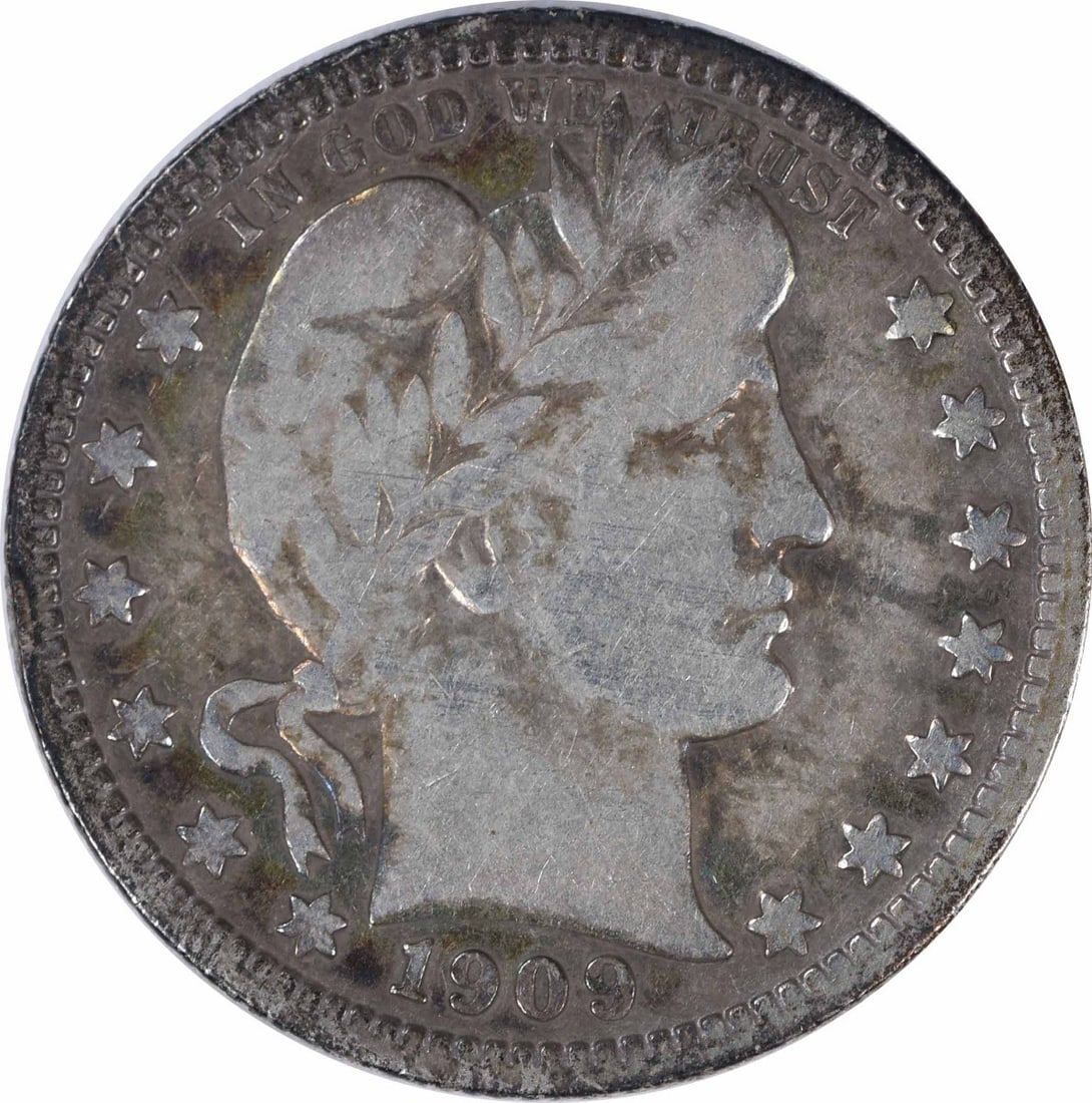 1909-O Barber Silver Quarter F Uncertified: 1909-O Barber Silver Quarter F Uncertified The 1909-O Barber Silver Quarter F Uncertified boasts an impressive history, with over 712,000 coins minted in New Orleans. This circulated coin features a d