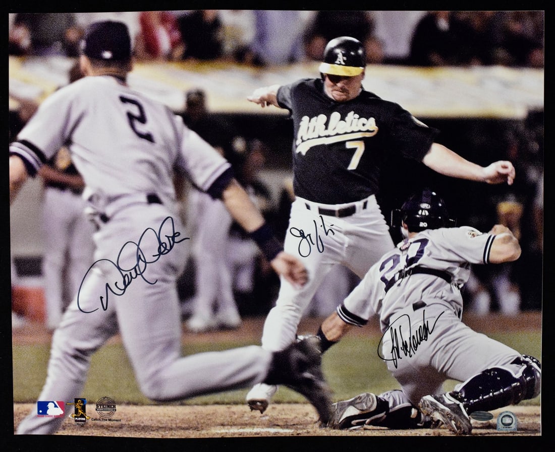 Derek Jeter Jorge Posada Jeremy Giambi signed 16x20 photo by Steiner: Derek Jeter Jorge Posada Jeremy Giambi signed 16x20 photo by Steiner Signed by Derek Jeter, Jorge Posada, and Jeremy Giambi in a unique photo showcasing the trio's baseball camaraderie. Produced by St