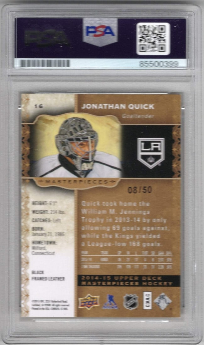 Jonathan Quick 2015 Upper Deck Masterpieces Auto Card PSA Authentic Card/ 50 - 2