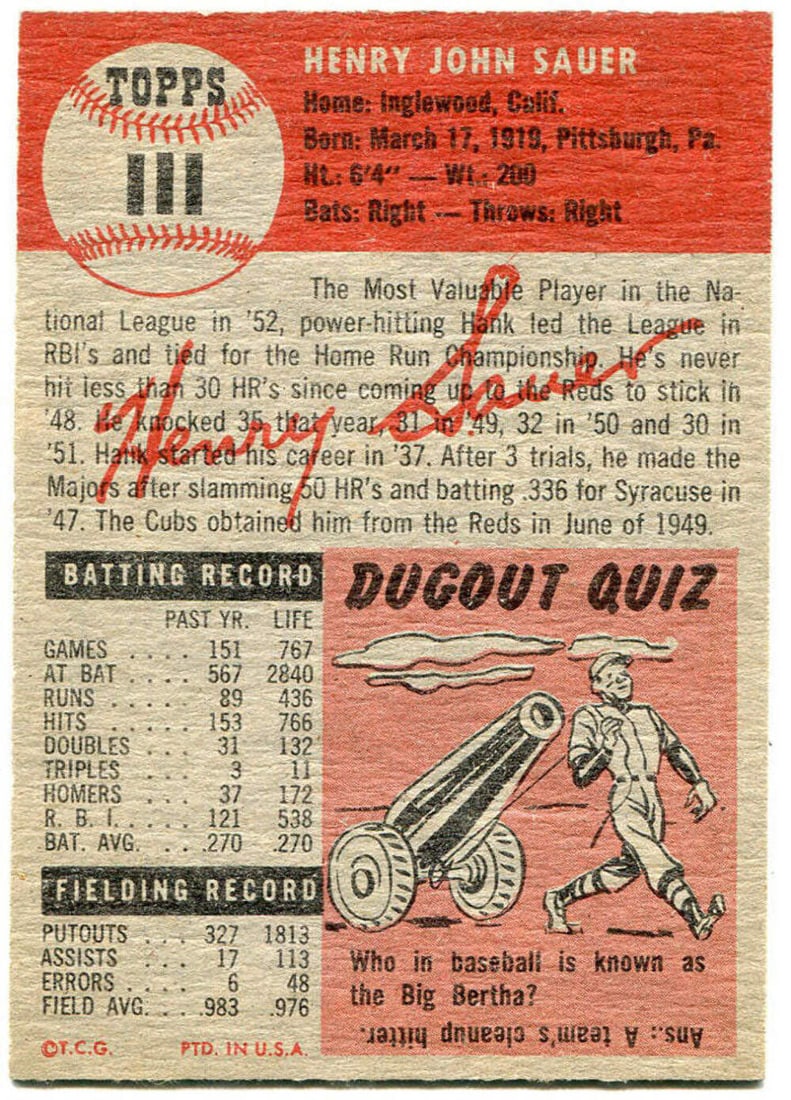 1953 Topps Hank Sauer Card - 2