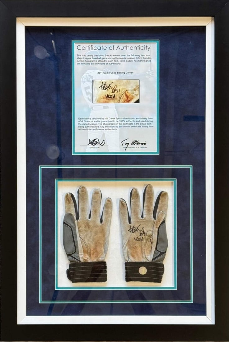 Ichiro Suzuki Autographed 2011 Game Used Batting Gloves: Ichiro Suzuki Autographed 2011 Game Used Batting Gloves Ichiro Suzuki's 2011 game-used batting gloves are a unique piece for baseball enthusiasts, featuring the legendary outfielder's signature in bla