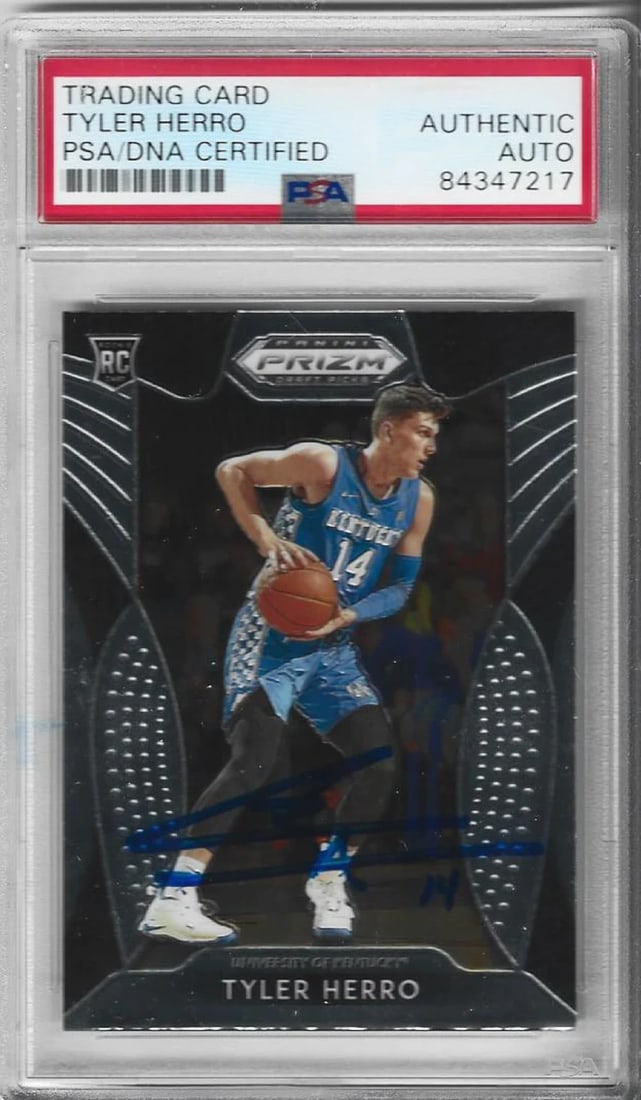 Tyler Herro 2019 Panini Prizm Draft Picks Authentic Card: Tyler Herro 2019 Panini Prizm Draft Picks Authentic Card Tyler Herro's 2019 Panini Prizm Draft Picks card features an authentic autograph, making it a unique addition to any sports memorabilia collect