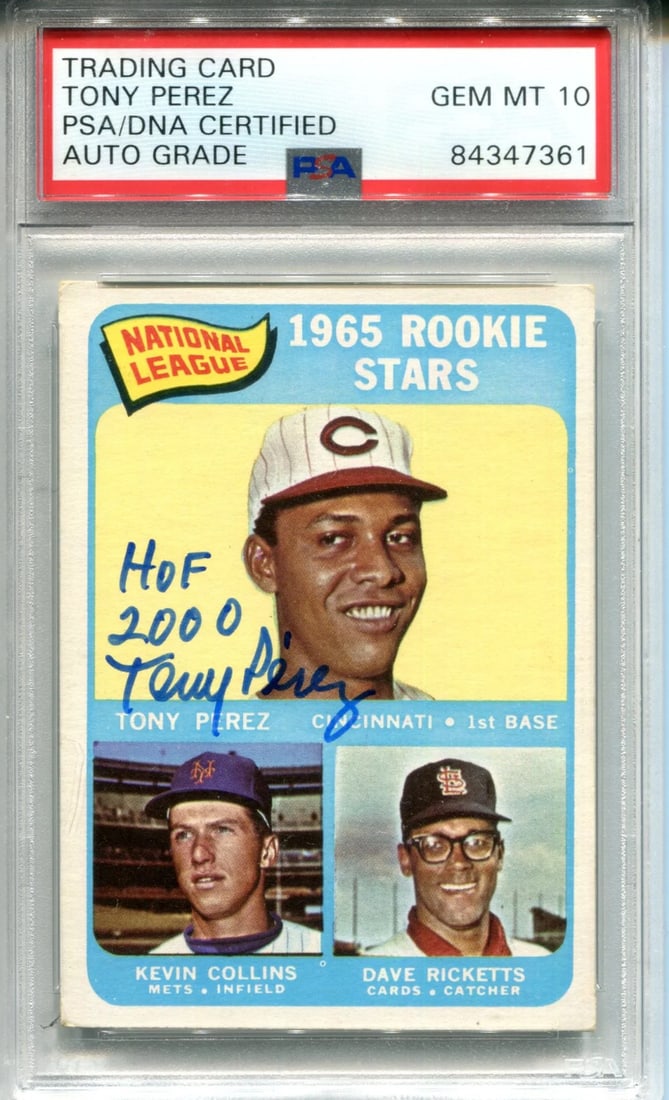 Tony Perez "HOF 2000" Autographed 1965 Topps Rookie Card (PSA): Tony Perez "HOF 2000" Autographed 1965 Topps Rookie Card (PSA) Tony Perez's 1965 Topps Rookie Card, graded Gem Mint 10 by PSA, boasts an unmistakable touch from the Hall of Famer himself. The card fea
