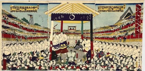 Meiji Kuniaki sumo woodblock iri triptych antique Japanese dohyo 1884: Meiji Kuniaki sumo woodblock iri triptych antique Japanese dohyo 1884 Item Specifics: Artist: Utagawa Kuniaki II Subject: Sumo Wrestling Material: Washi Paper Style: Japanese Year Of Production: 1884 