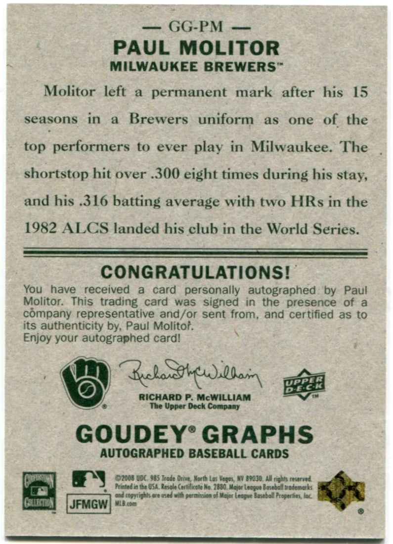 2008 Upper Deck Goudey Graphs Paul Molitor #GG-PM Auto - 2