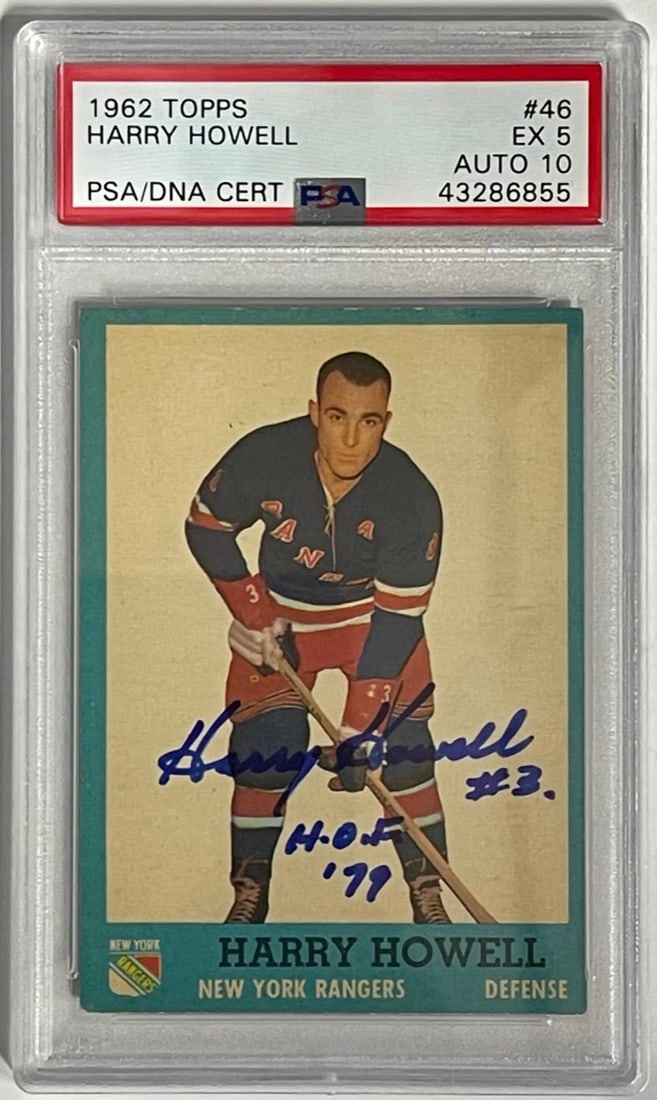 Harry Howell Autographed 1962-63 Topps Card #46 (PSA): Harry Howell Autographed 1962-63 Topps Card #46 (PSA) Harry Howell's autograph on the 1962-63 Topps Card #46, verified by Professional Sports Authenticator (PSA), adds a unique touch to this vintage b