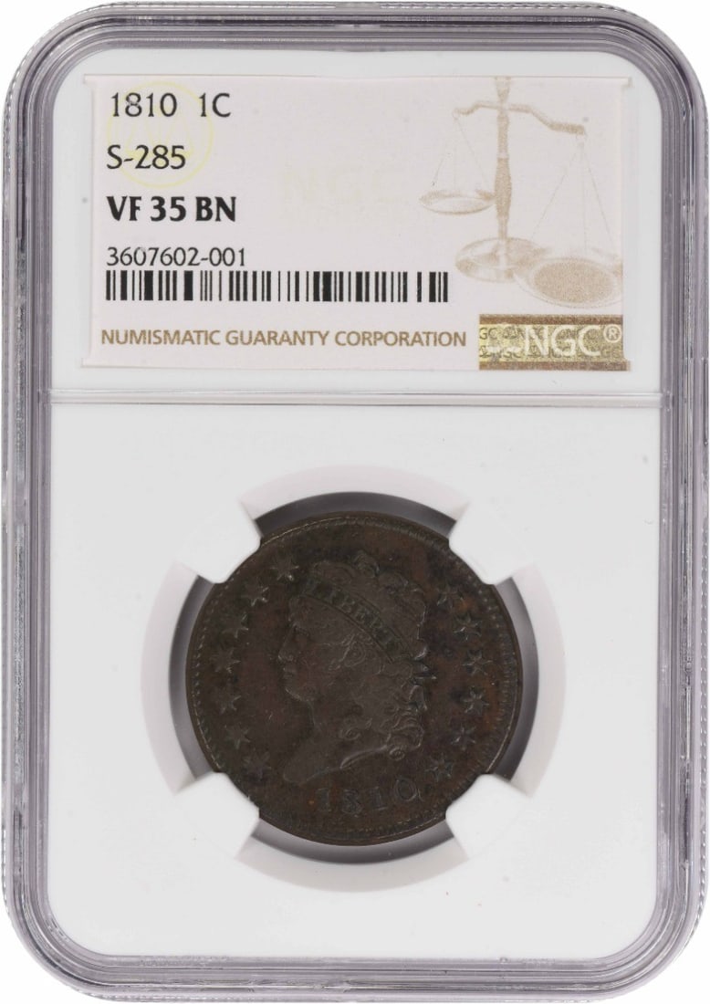 1810 Large Cent VF35BN NGC: 1810 Large Cent VF35BN NGC The 1810 Large Cent, graded VF35BN by the NGC, showcases its classic design and rich history. With a mintage of over 1.5 million pieces, this copper coin features John Reich