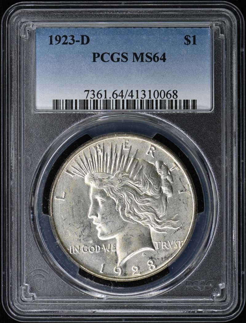 MS64 PCGS $1 1923-D Dollar: MS64 PCGS $1 1923-D Dollar MS64 PCGS $1 1923-D Dollar. This uncirculated 1923-D Peace Dollar features a grade of MS64, indicating its high level of preservation and condition. Certified by the Profess