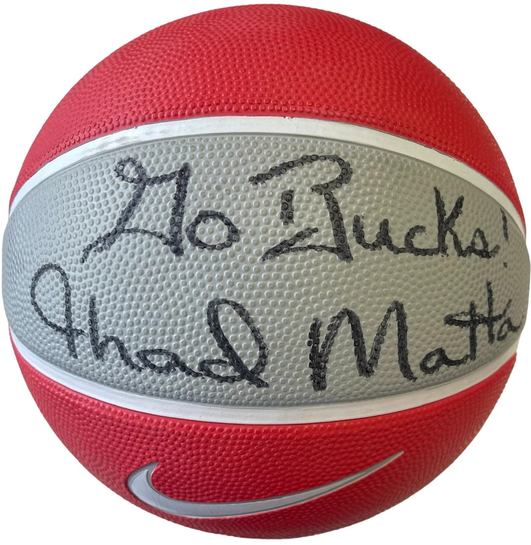 Thad Matta Autographed Nike Ohio State Basketball: Thad Matta Autographed Nike Ohio State Basketball Thad Matta's signature appears in black sharpie above the Nike logo, accompanied by the inscription "Go Bucks" on this official Ohio State basketball.