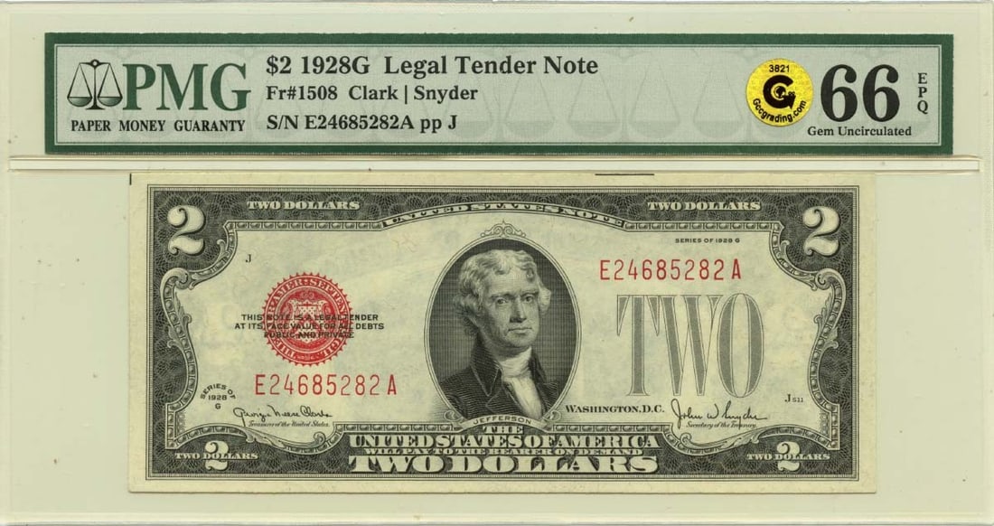 1928G $2 Legal Tender Note FR#1508 PMG GEM 66 EPQ GCC Gold: 1928G $2 Legal Tender Note FR#1508 PMG GEM 66 EPQ GCC Gold This 1928 $2 Legal Tender Note, certified by PMG as MS66 Uncirculated, boasts a stunning Gem condition with exceptional detail preservation. 
