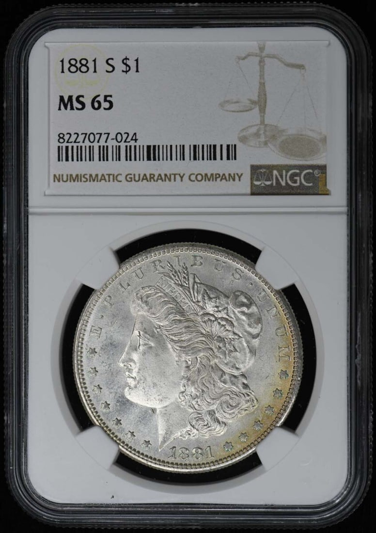1881-S Morgan Dollar S$1 NGC MS65: 1881-S Morgan Dollar S$1 NGC MS65 The 1881-S Morgan Dollar S$1 NGC MS65 is an uncirculated coin with a high grade of MS65, indicating its exceptional condition. Certified by the Numismatic Guaranty Co