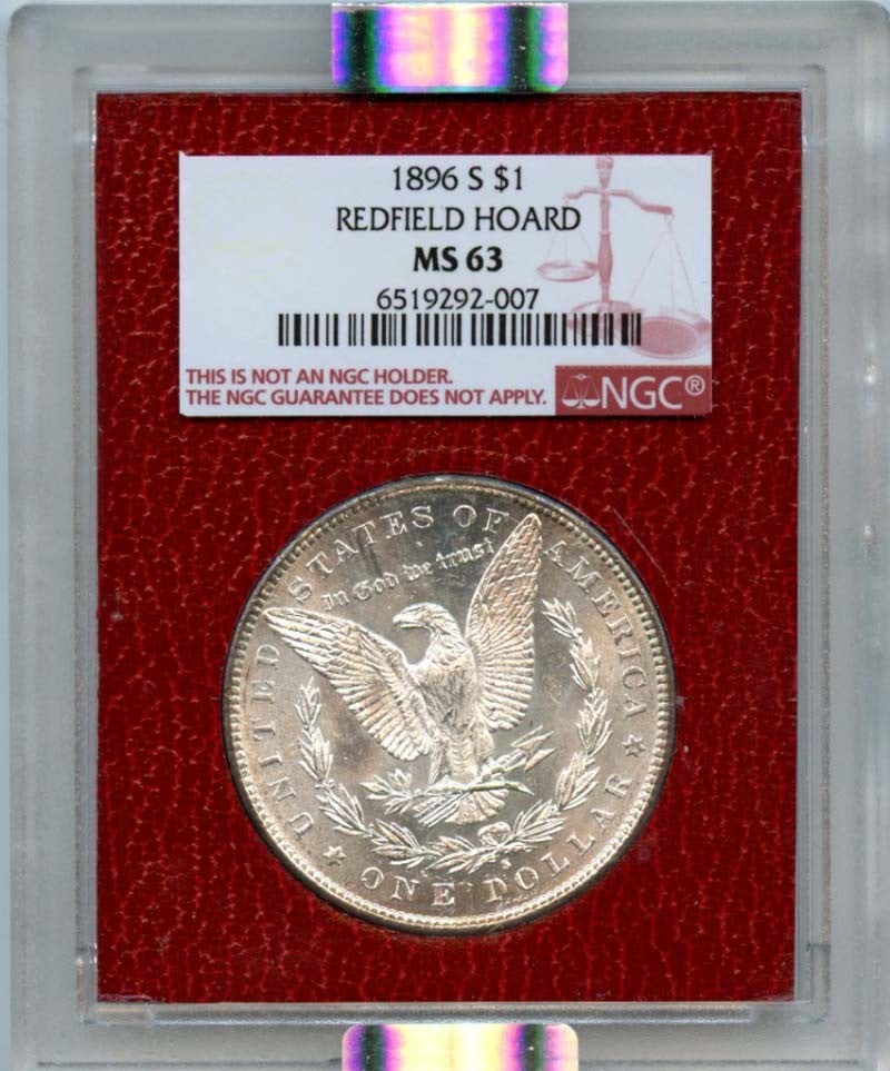 Morgan Dollar 1896-S MS63 Hoard Redfield NGC: Morgan Dollar 1896-S MS63 Hoard Redfield NGC MS63 grade Morgan Dollar 1896-S, certified by the Numismatic Guaranty Corporation (NGC), showcases its circulated state with a rich history. This coin was 