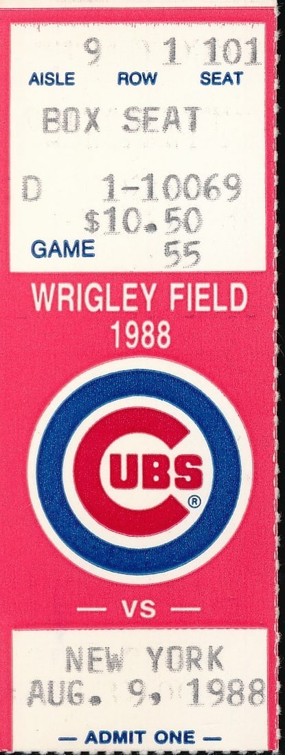 August 9, 1988 Ticket Stub Cubs vs. Mets 1st Night Game at Wrigley Field 200908: August 9, 1988 Ticket Stub Cubs vs. Mets 1st Night Game at Wrigley Field 200908 Original ticket stub from the Cubs vs. Mets game on August 9, 1988, marking the first night game at historic Wrigley Fie