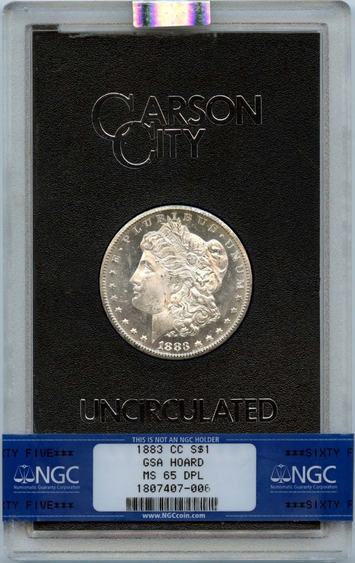 1883-CC Morgan Dollar GSA HOARD S$1 NGC MS65DMPL: 1883-CC Morgan Dollar GSA HOARD S$1 NGC MS65DMPL The 1883-CC Morgan Dollar GSA HOARD S$1 NGC MS65DMPL is an uncirculated coin with a high grade of MS65, certified by the Numismatic Guaranty Corporatio