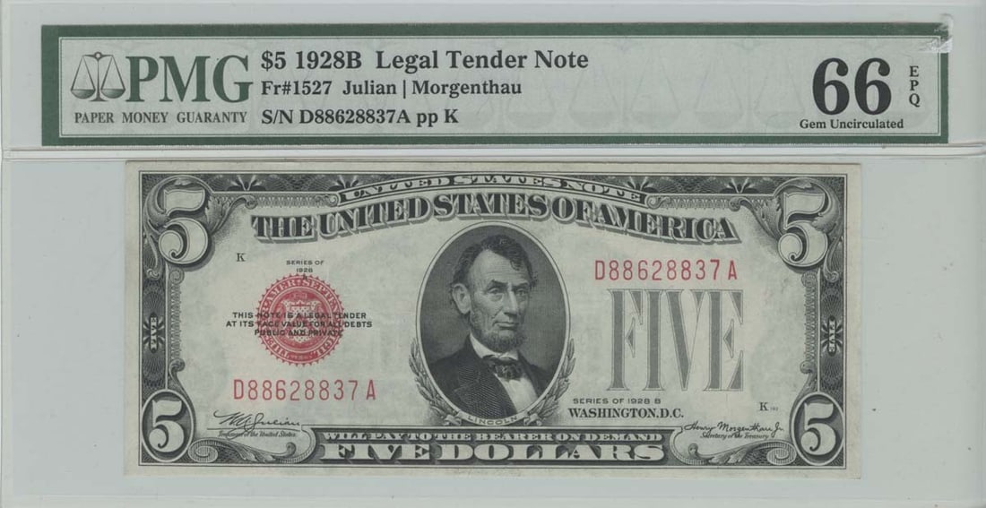 1928B $5 Legal Tender Note PMG Gem Unc EPQ: 1928B $5 Legal Tender Note PMG Gem Unc EPQ The 1928B $5 Legal Tender Note, graded MS66 by PMG, boasts exceptional condition and a rich history. This uncirculated note features the iconic design of the