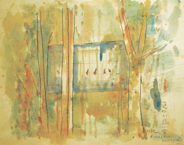 Birdhouse watercolor in garden framed modern Japanese art: Birdhouse watercolor in garden framed modern Japanese art Item Specifics: Artist: Kaoru Yamaguchi Subject: Birdhouse in the Garden Material: Watercolor on paper Style: Japanese Year Of Production: 201