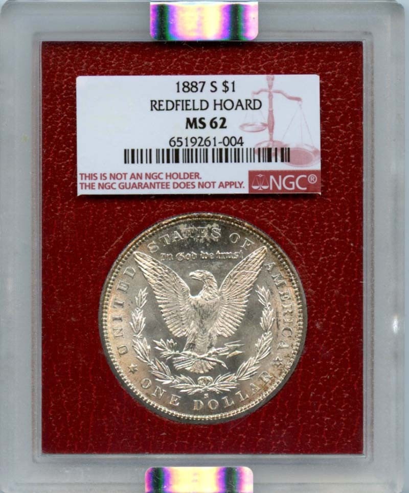 REDFIELD HOARD MORGAN DOLLAR $1 1887-S MS62 NGC: REDFIELD HOARD MORGAN DOLLAR $1 1887-S MS62 NGC The 1887-S Morgan Dollar, graded MS63 by the NGC, boasts a rich history as an uncirculated coin from the San Francisco Mint. Its striking design and exc